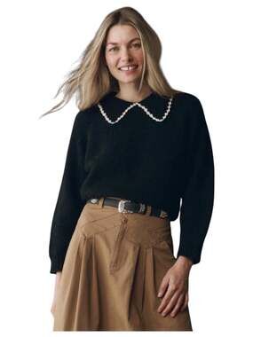 The Great Crochet Collar Alpaca Sweater Size 0 XS Black Blanket Stitch